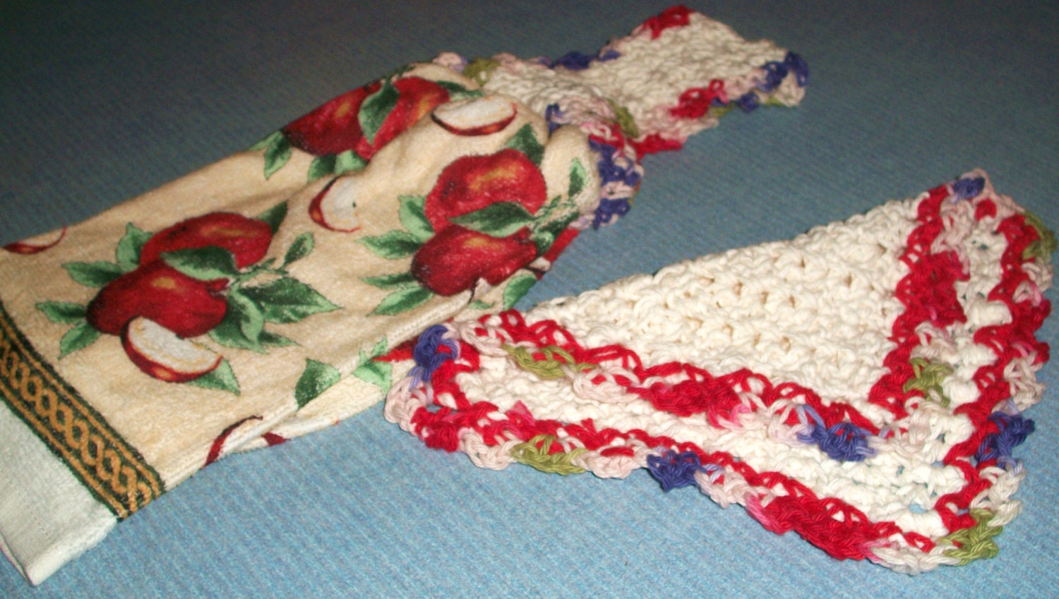 Kitchen Towel and Washcloth Set Crocheted includes Apple Towel, Cream, Red, and Green