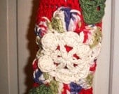 Plasic Bag Holder Crocheted Red, Green, Purple with Flower, Elastic Ends and Hanging Loop
