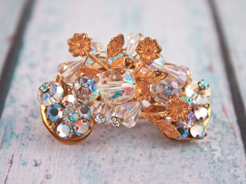 Vintage 50's Filigree Crescent Crystal Rhinestone Floral Flower Aurora Borealis Brooch