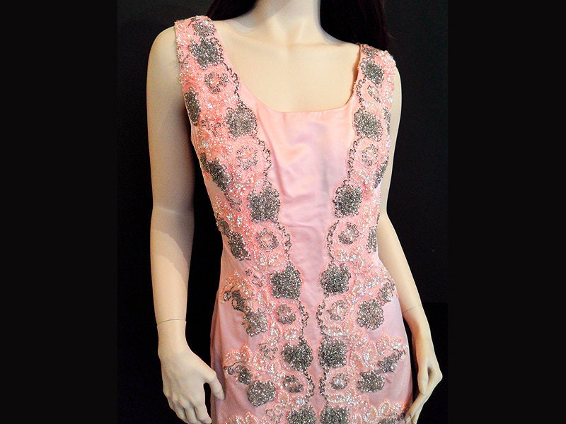 Vintage 1960's Designer Sample Pink Floor Length Satin Sheath Evening Gown & Coat Ensemble 12