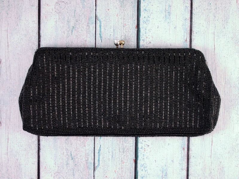 Vintage 50's  Black Beaded Clutch HandBag with Rhinestone Crystal Closure