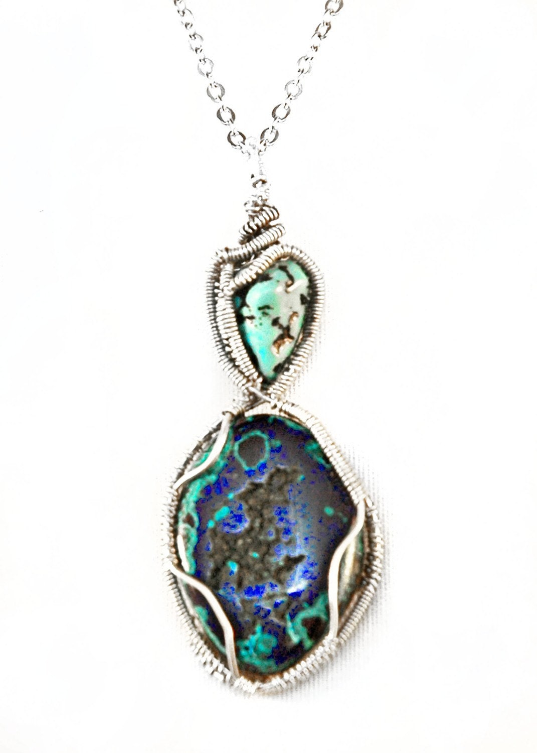Wire Wrapped Turquoise and Malachite-Azurite Pendant