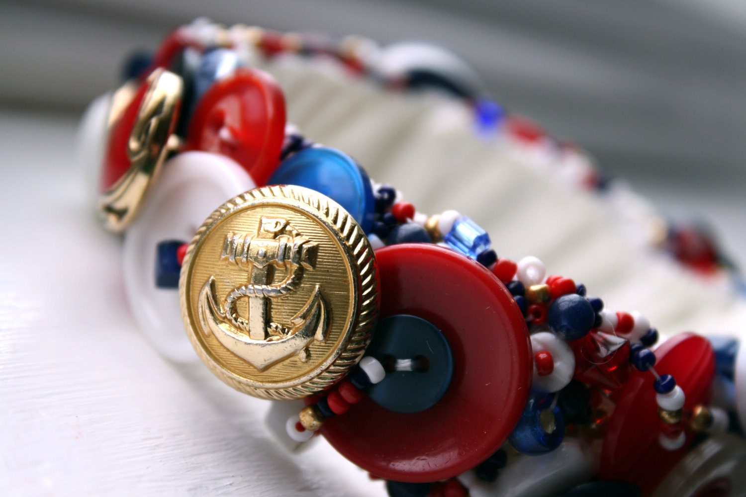 4th of July Upcycled Bracelet, Red White & Blue Nautical, Handmade Repurposed Vintage Button Jewelry