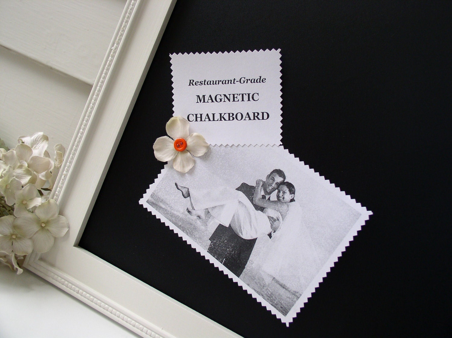 Magnetic Wedding Chalkboard Sign- Framed Cottage Placecard Display for Escort Cards or Restaurant Menu with Handmade White Frame Menu Board