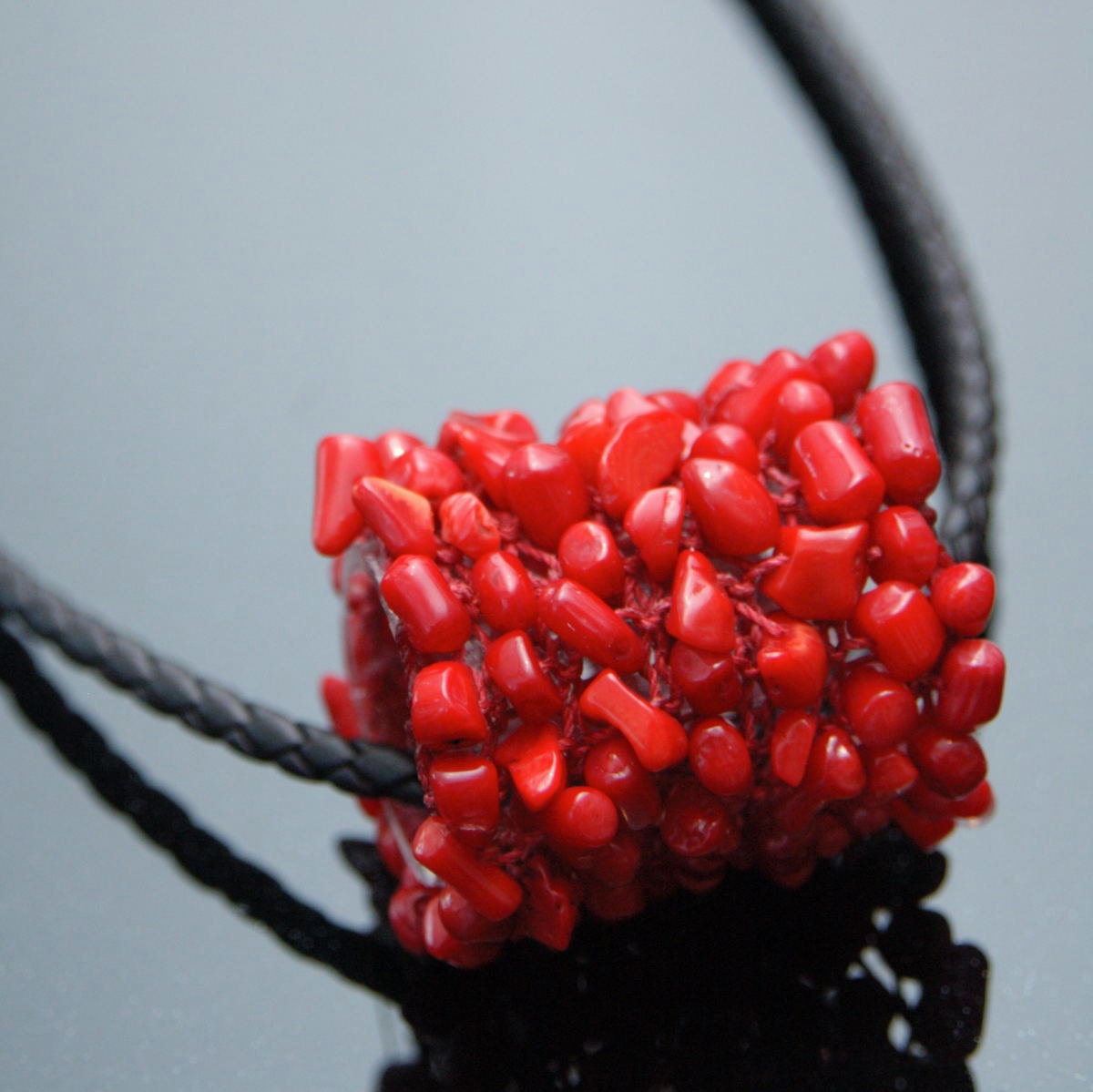 Red Coral Pendant - Cylinder Shaped Pendant Hand-knitted from Red Nylon Yarn with Natural Red Coral Chips