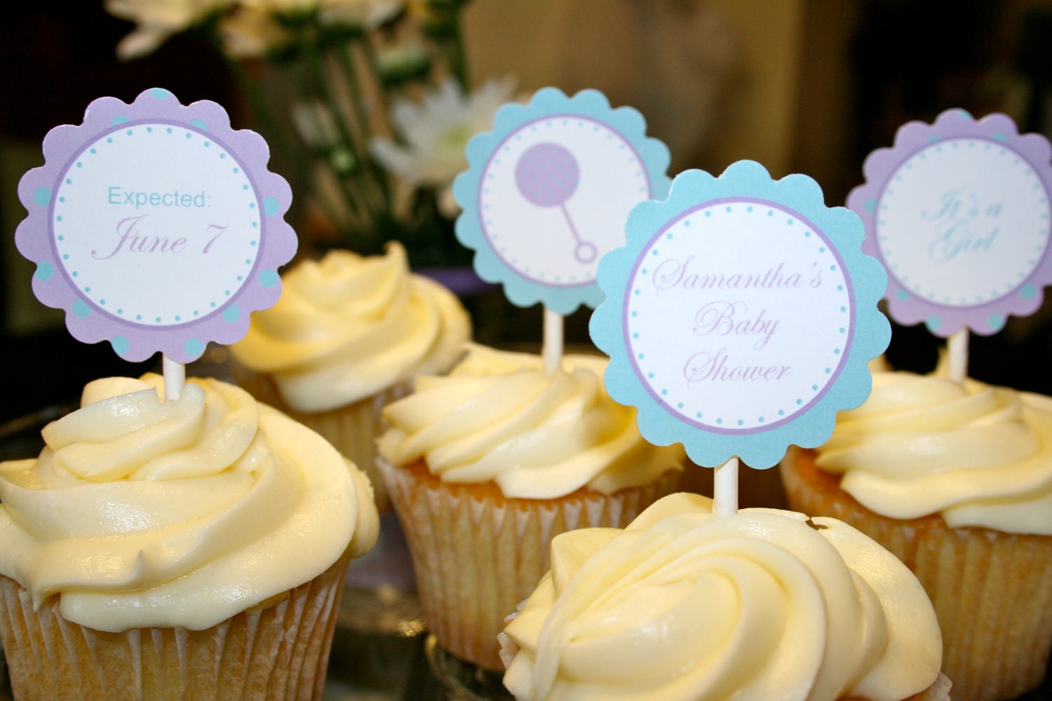 Teal and Lavender Baby Shower- cupcake toppers- print your own