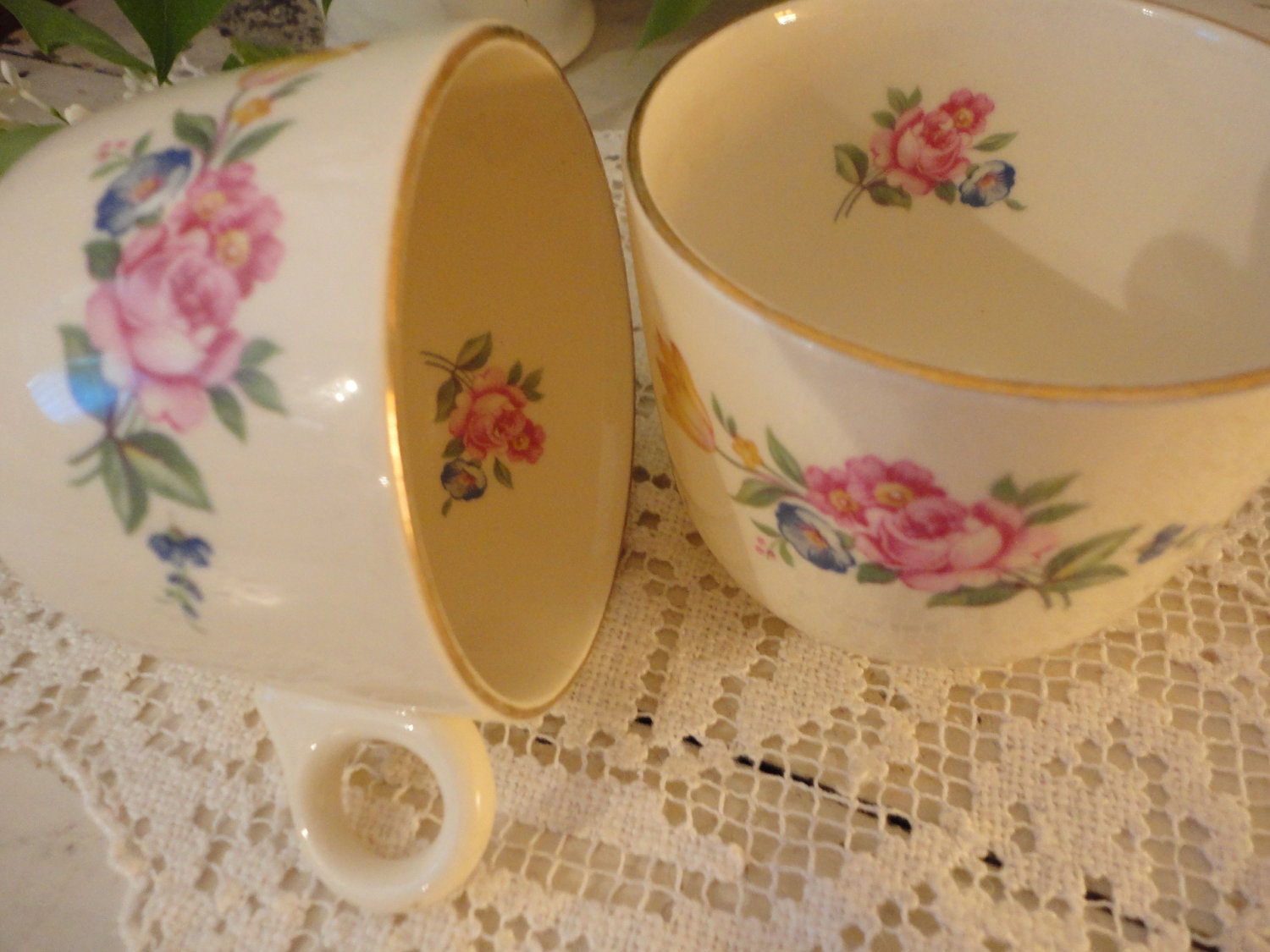 Pr of 1930s Romantic Floral Farmhouse Chic Mugs