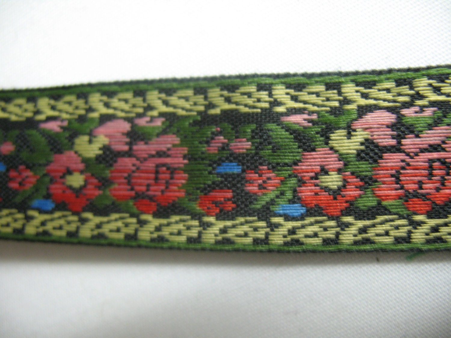 FESTIVE FLORAL woven ribbon in black with roses in pink , green, yellow -BEAUTIFUL