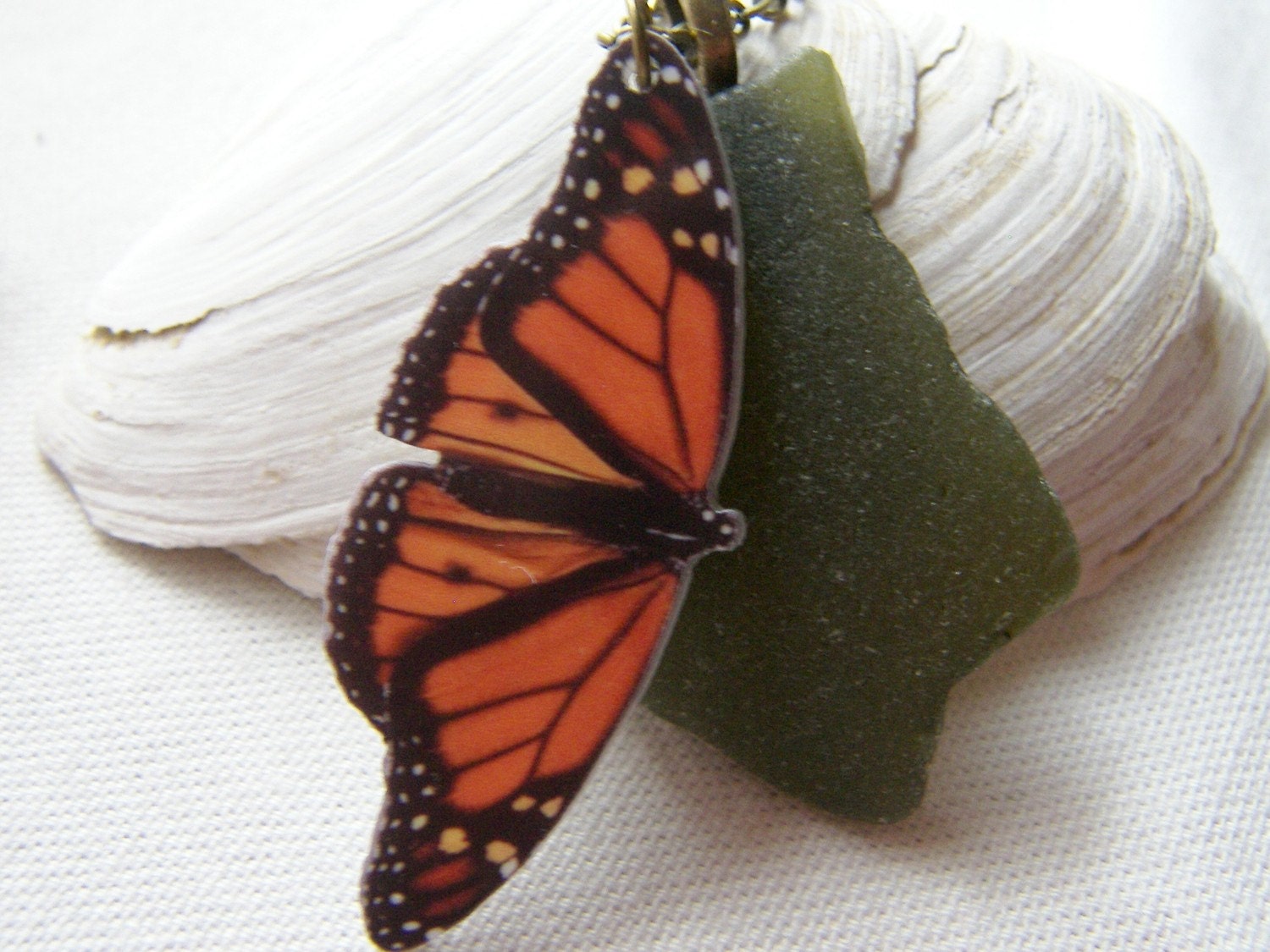 SALE 30% OFF - Scottish Sea Glass Green Necklace with Butterfly
