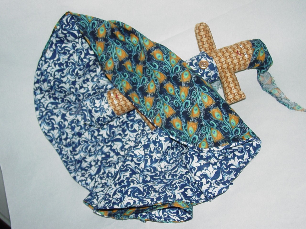 Reversible Doll, Teachers love Peacock vs. Blue and White on Woven Straw Patterned Body Topsy Turvy Doll, ragdoll, cloth doll