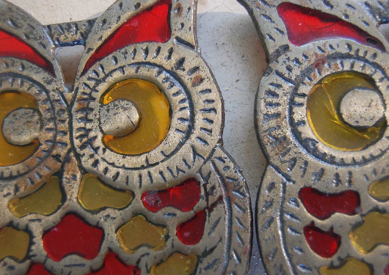 Stained Glass Owl Trivet - Vintage Yellow and Red Owl Trivet