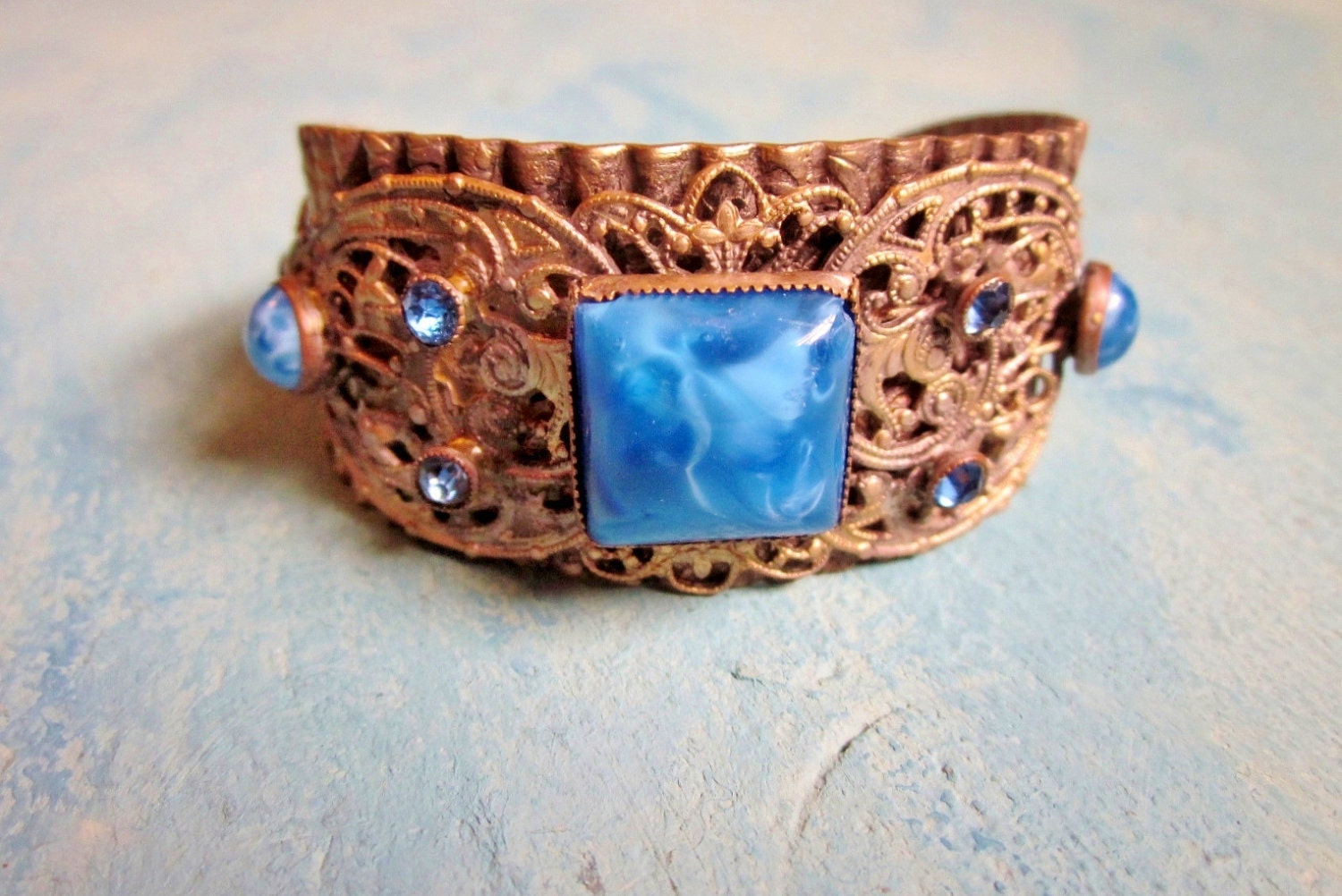 Art Deco Bracelet Gold Brass Blue Satin Glass Rhinestones Filigree Cuff Vintage 1930s Bracelet