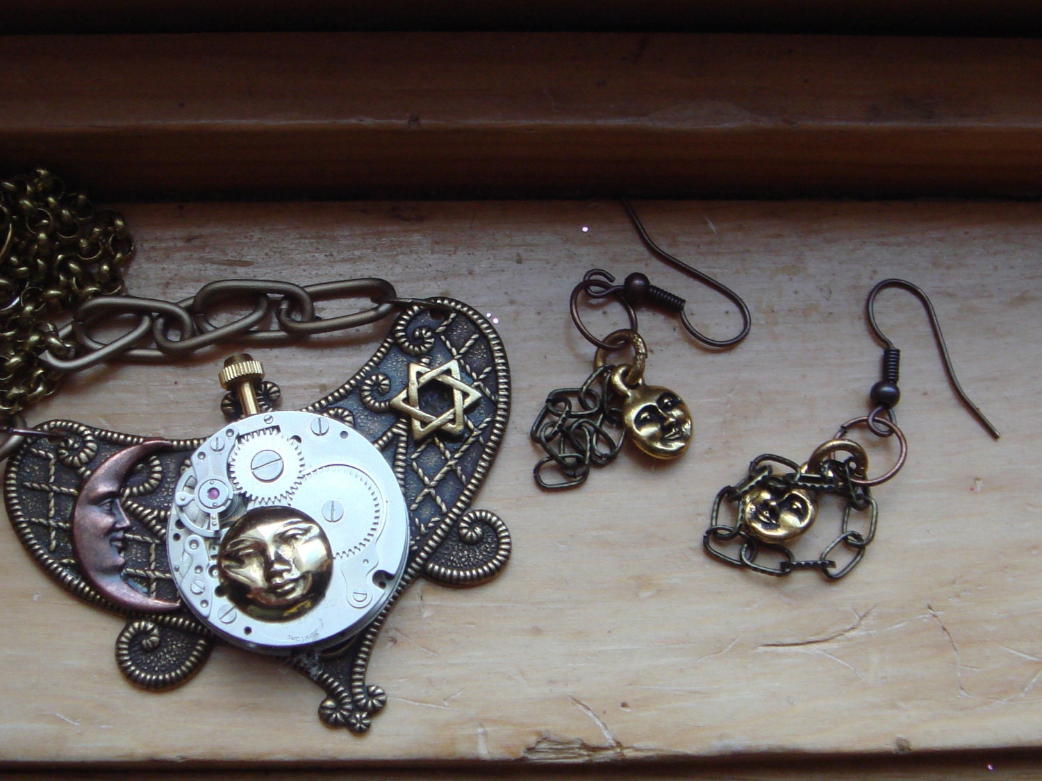 Game of Thrones jewelry.Victorian steampunk Necklace.Edwardian Re- purposed watch. gold filled Moon charm.one of a kind .Lucern Swiss parts