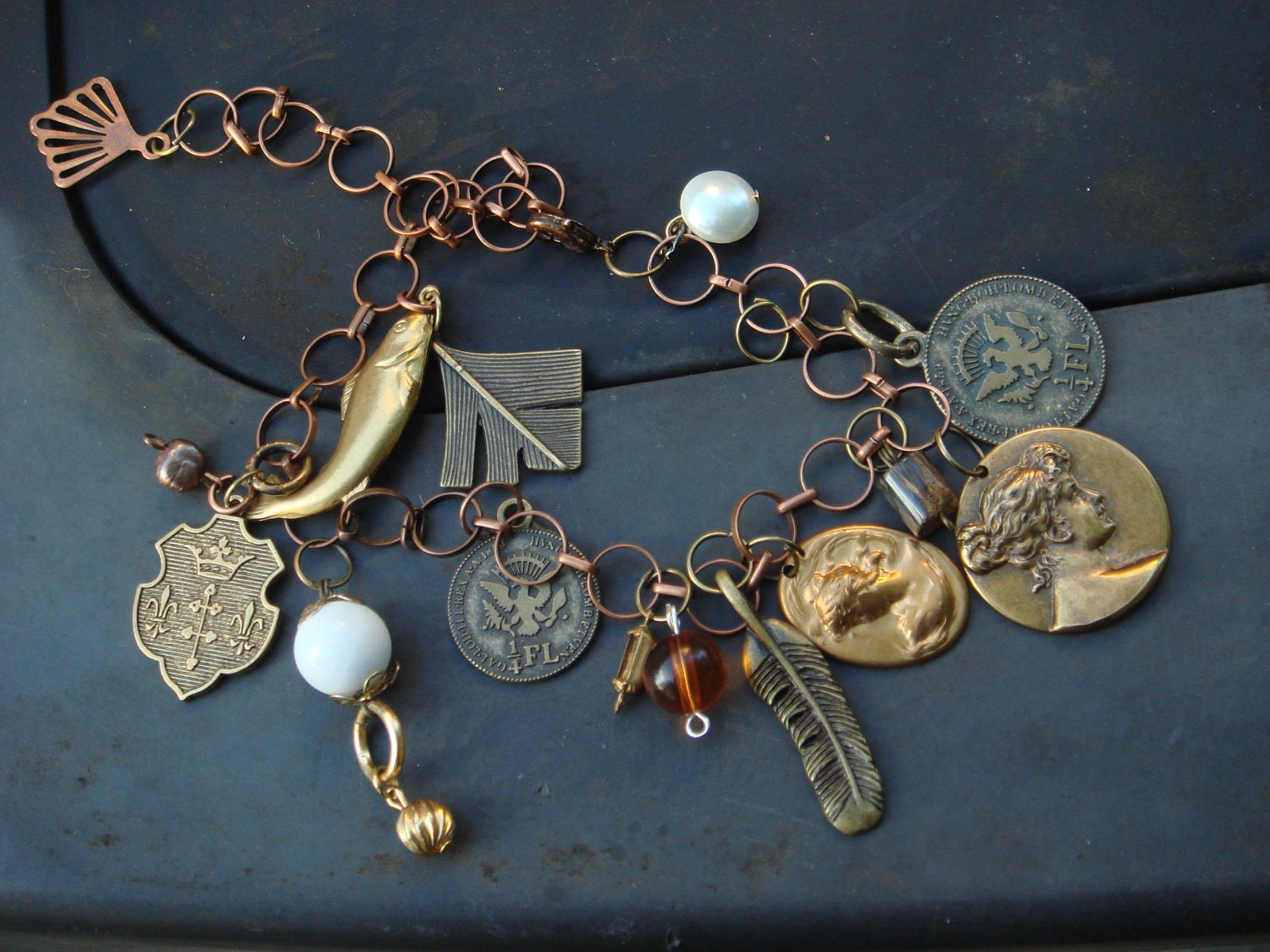 Wenceslas Charm Bracelet. Genuine Pearl Watch Parts. Game of Thrones , Edwardian Regal CHARM BRACELET.One of A kind.Steam Punk EPSTEAM Sale