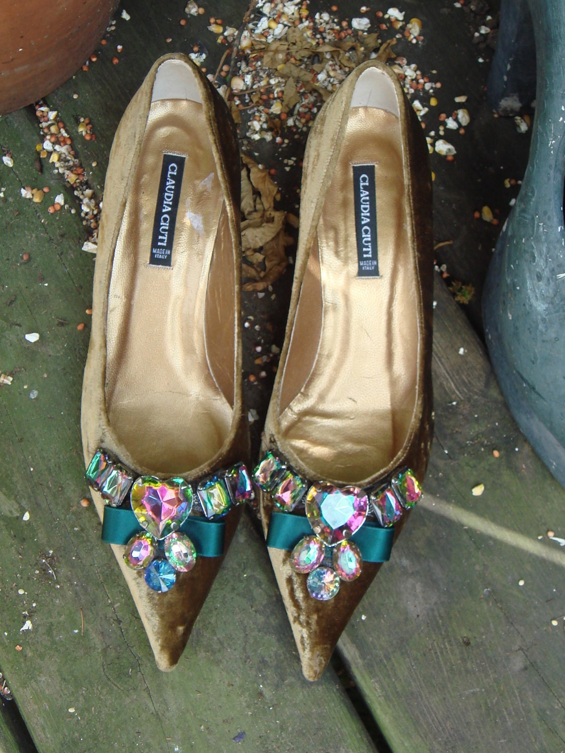 Fall Brown Suede Giant GLASS Slipper Shoes/ Bejeweled pumps/Vintage Ladies Shoes/ Italian CLAUDIA Ciuti /plush Velour /genuine leather