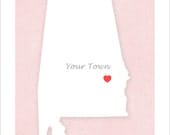 Alabama art - Customize Your Town in Alabama - Simple Heart - 11x14 print - Alabama print