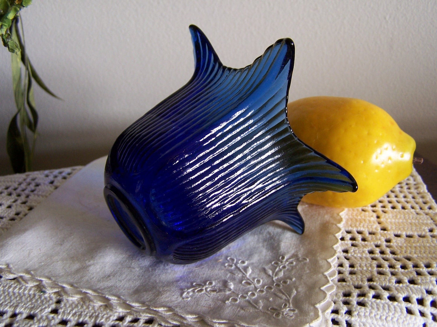 Navy Blue Tulip Cobalt Glass Candle Holder , Vintage , Hand Blown