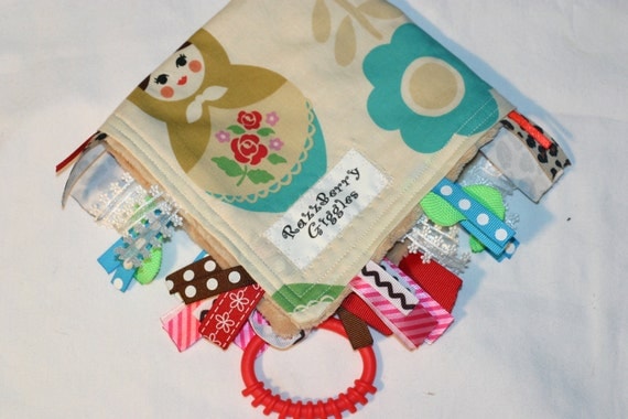 Ribbon Blanket- Matryoshka Nesting Dolls Ribbon Sensory Blanket With Camel Dot Minky For Your Baby Girl