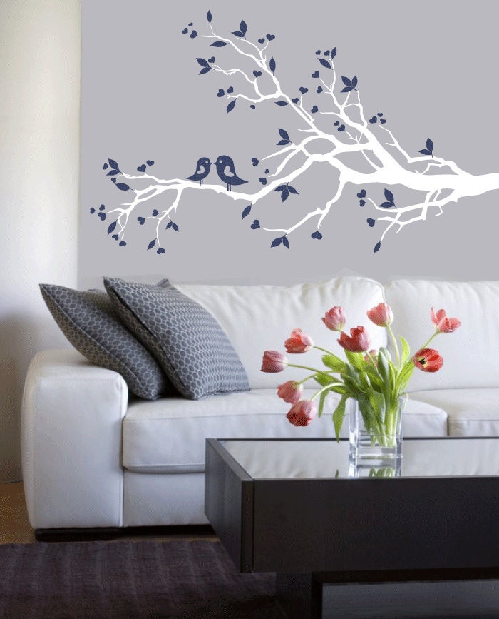 Wall Decal Modern decals -  white tree branch with birds - vinyl wall decal