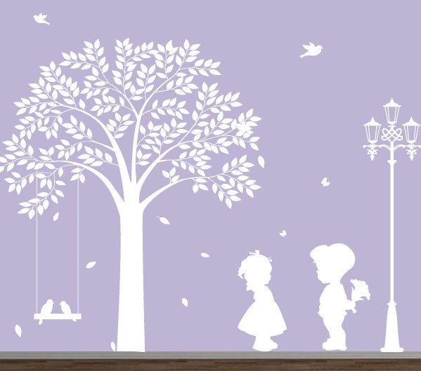 Nursery wall decal - Tree silhouettes with boy & girl - Childrens Wall Decal - wall decal