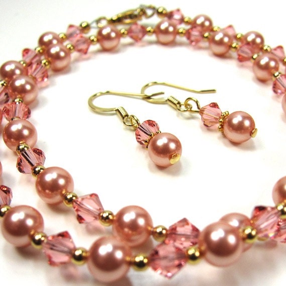 Necklace Earring Set of Rose Peach Pearls Swarovski Crystals New Colors for Spring 2012