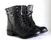 Studded Faux Leather Combat Boots- Black