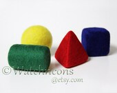 Four 3D Block Shapes Needle Felted Wool - Geometric Triangle Cube Sphere - Bright Primary Colors