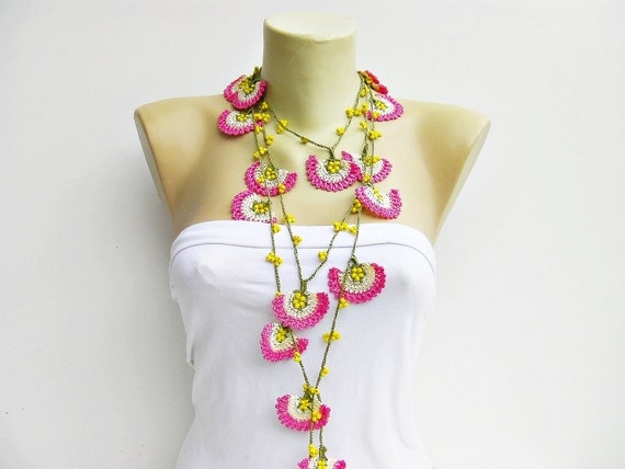 Strand necklace -Crochet bead work necklace jewelry/crochet pendant / crochet necklace/ with beads