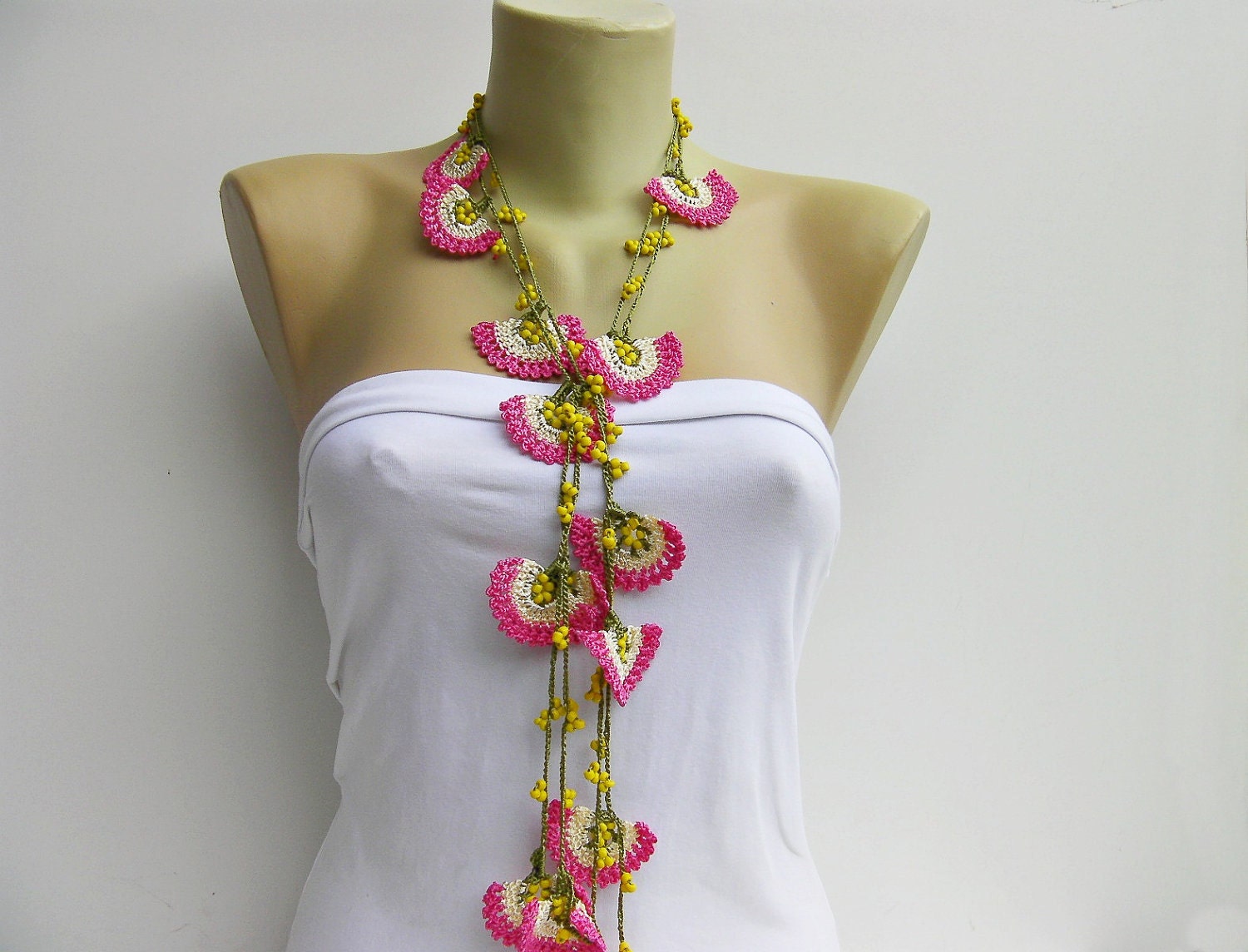 Strand necklace -Crochet bead work necklace jewelry/crochet pendant / crochet necklace/ with beads
