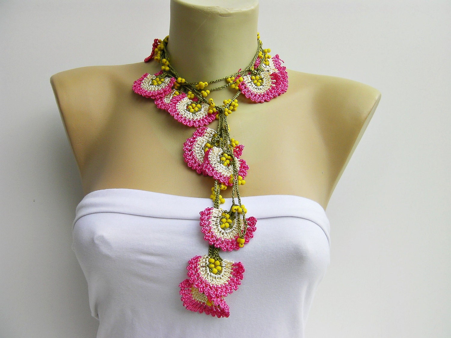 Strand necklace -Crochet bead work necklace jewelry/crochet pendant / crochet necklace/ with beads