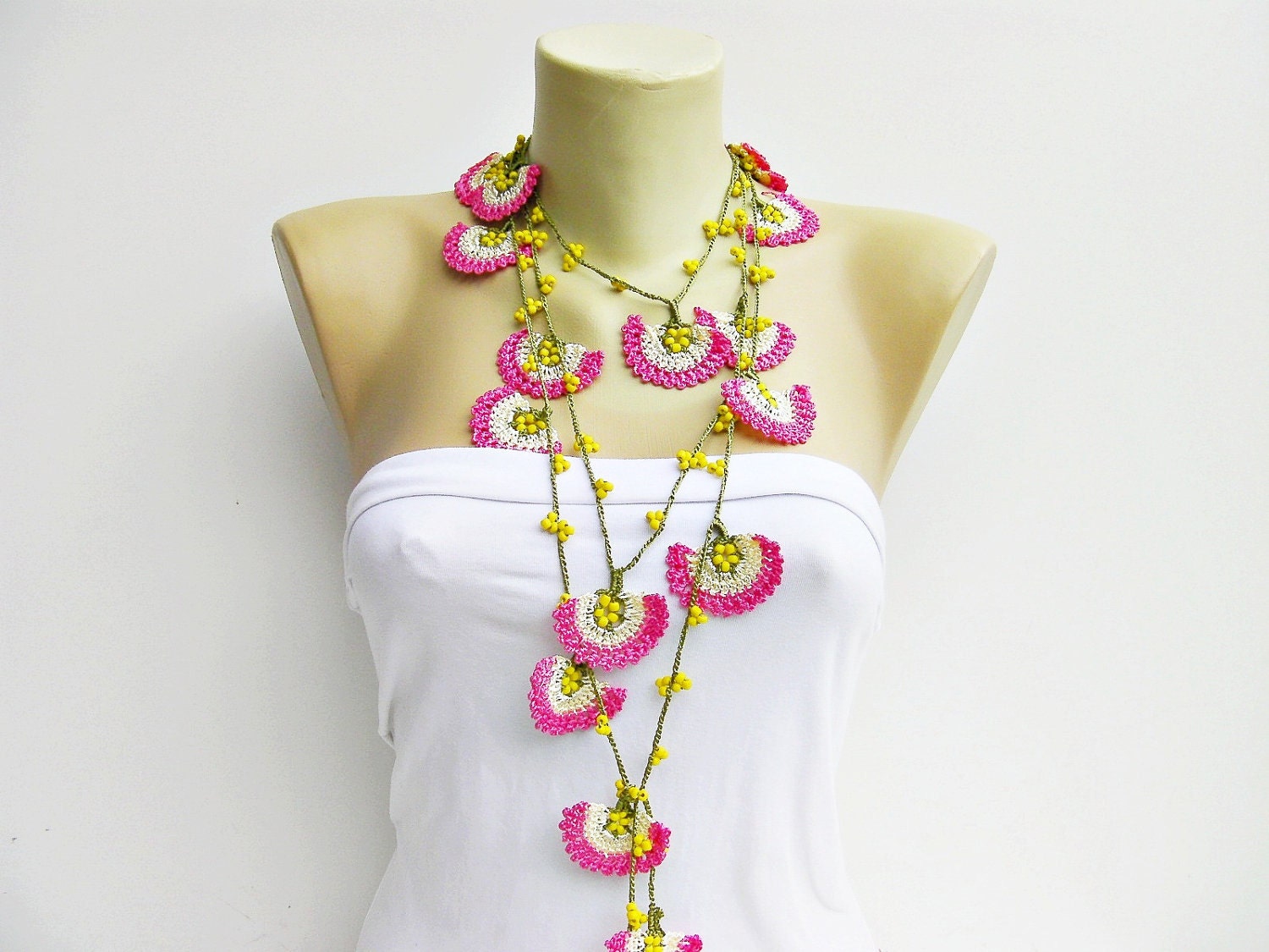 Strand necklace -Crochet bead work necklace jewelry/crochet pendant / crochet necklace/ with beads