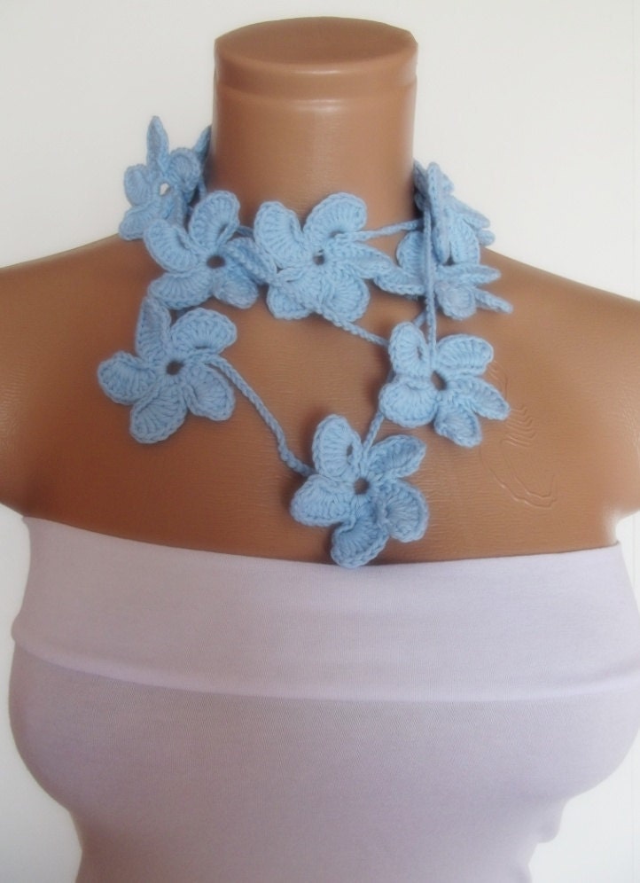 hand crocheted floral scarf lariat necklace baby blue