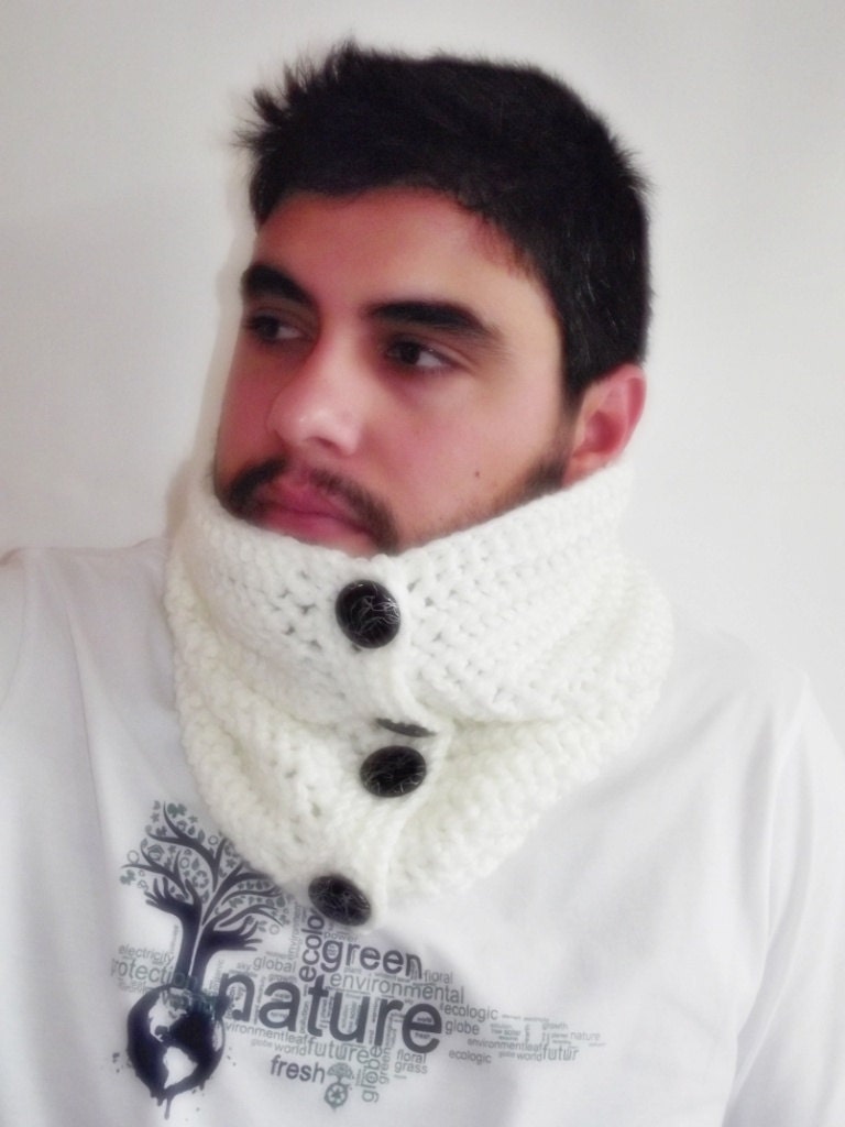 Mens neckwarmer cowl scarf valentines day gift  for him ready to ship white black buttons
