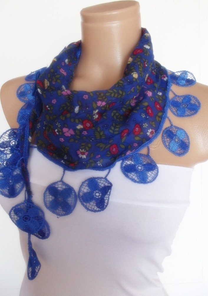 2012 summer fashion cotton scarf with lace new design navy blue floral