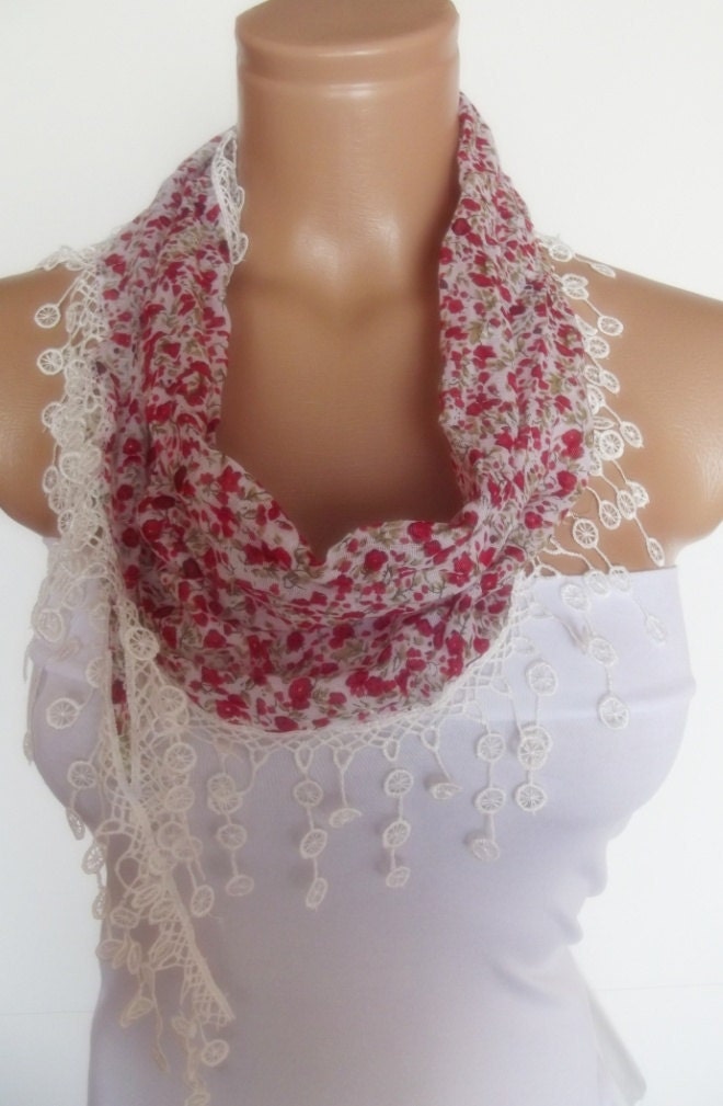 2012 summer fashion cotton scarf with lace new design white red floral