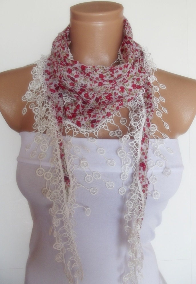 2012 summer fashion cotton scarf with lace new design white red floral