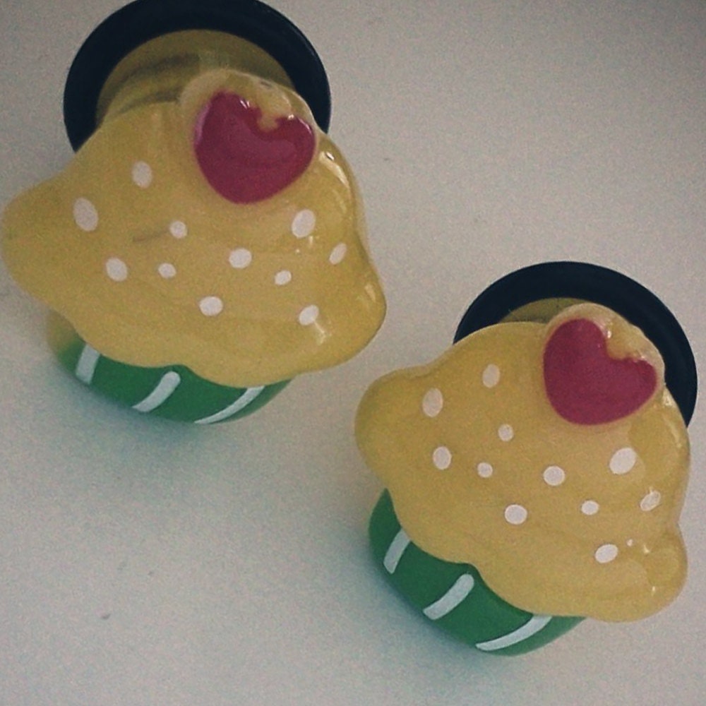 Yellow Cupcake 1/2 Inch  12mm Plugs for stretched ears - Cute Faux Food