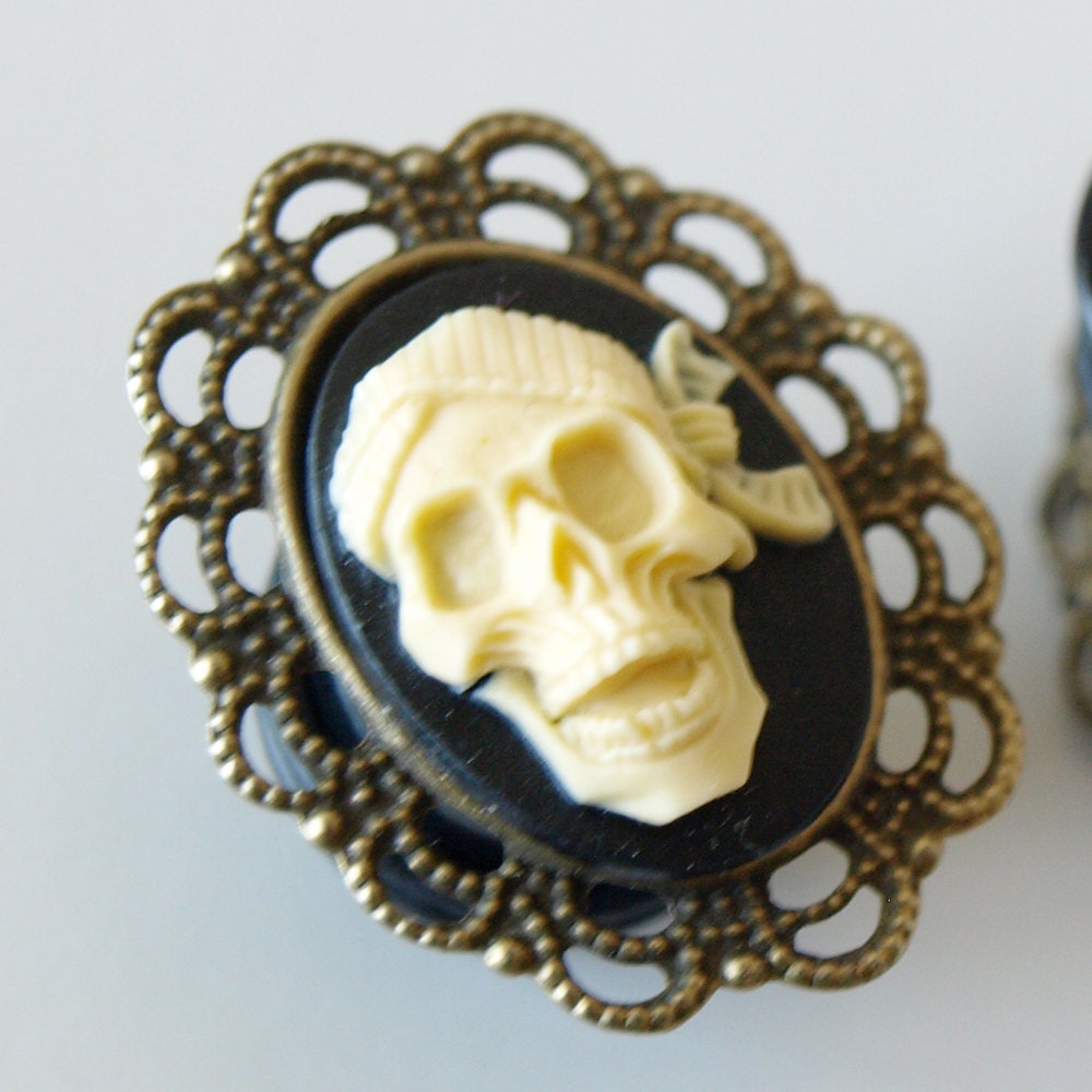 1/2 inch 12mm Plugs Pirate Skull Jolly Roger unisex Gothic Cameo Rococo Victorian Mourning Macabre Pirate Horror Corporate Goth Dark