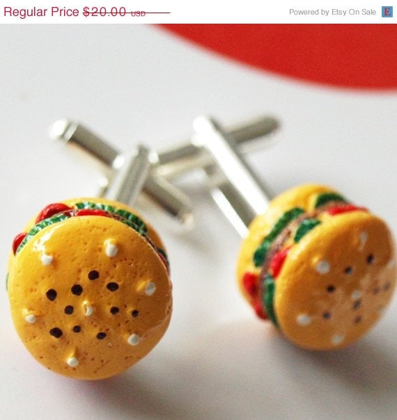 ON SALE Cheeseburger Cuff Links gag gift wedding groomsmen business fast food chic fun funky street fashion