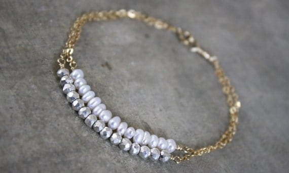 White Freshwater Pearl & Silver Pyrite 14k Gold Filled Double Bracelet