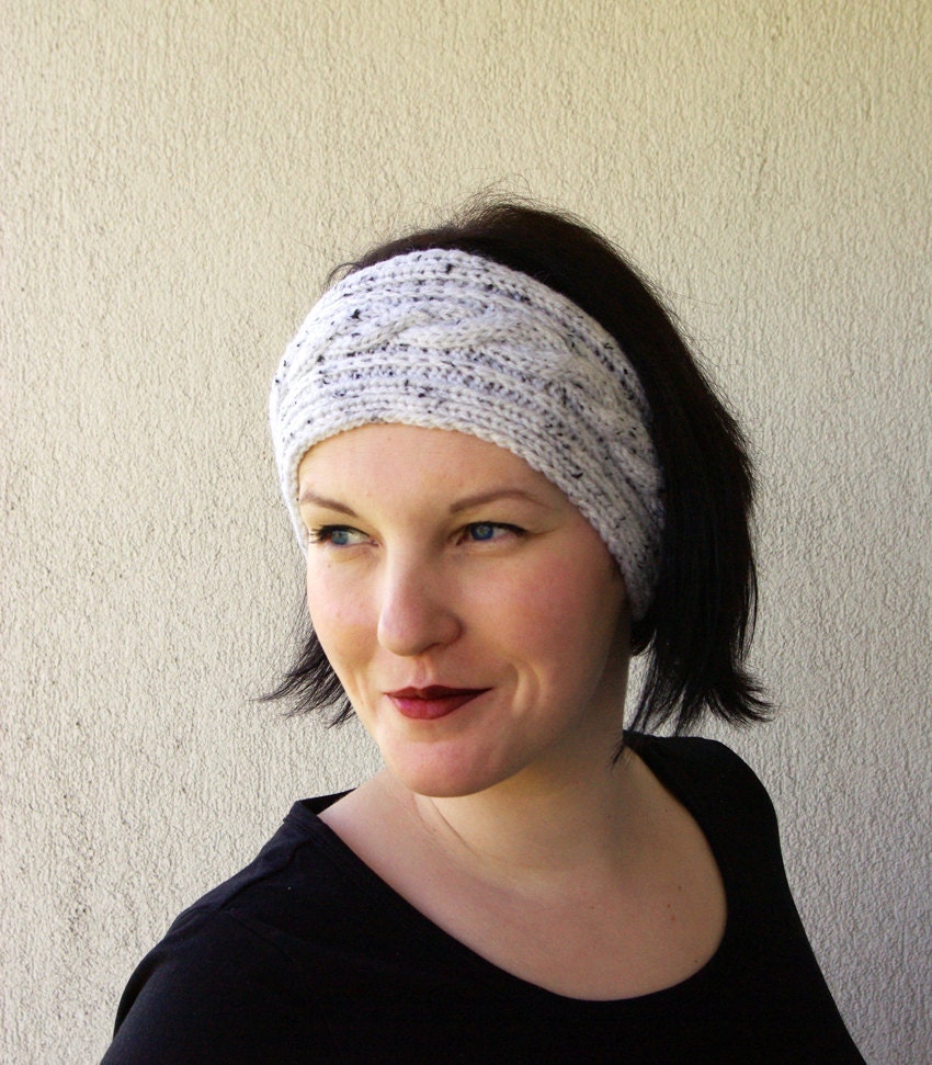 Knitted Headband Ear Warmer Cable knit - Button Closure Ear Warmer or Hair Band White