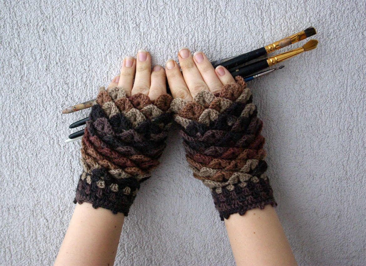 Crocheted crocodile stitch mittens fingerless gloves - beige, brown. Spring Accessories.