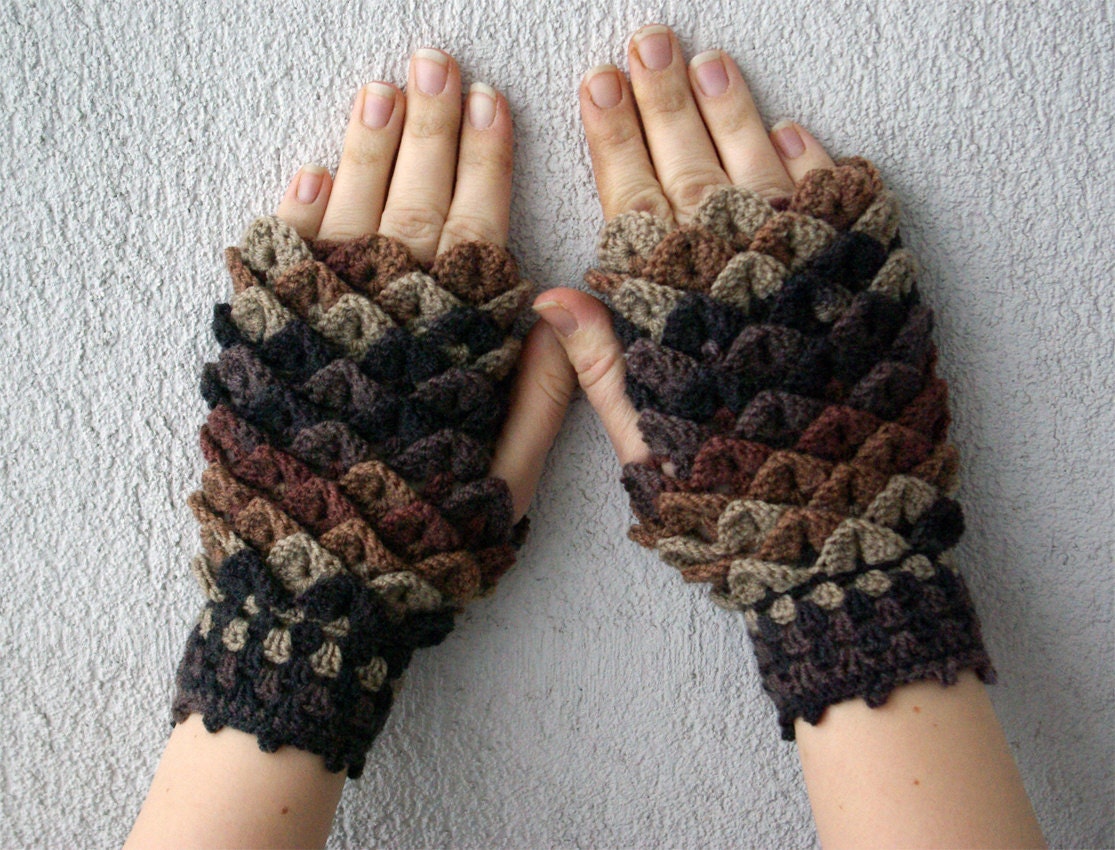 Crocheted crocodile stitch mittens fingerless gloves - beige, brown. Spring Accessories.