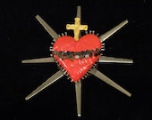 Sacred Heart Sculpture Found Object Assemblage Nails Wire and Crucifix One of a Kind 23