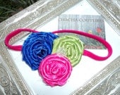 Gorgeous Posh  Couture Royal blue lime Pink pearl rosette flower  Headband Baby & girls photograpy prop Bow Rosette