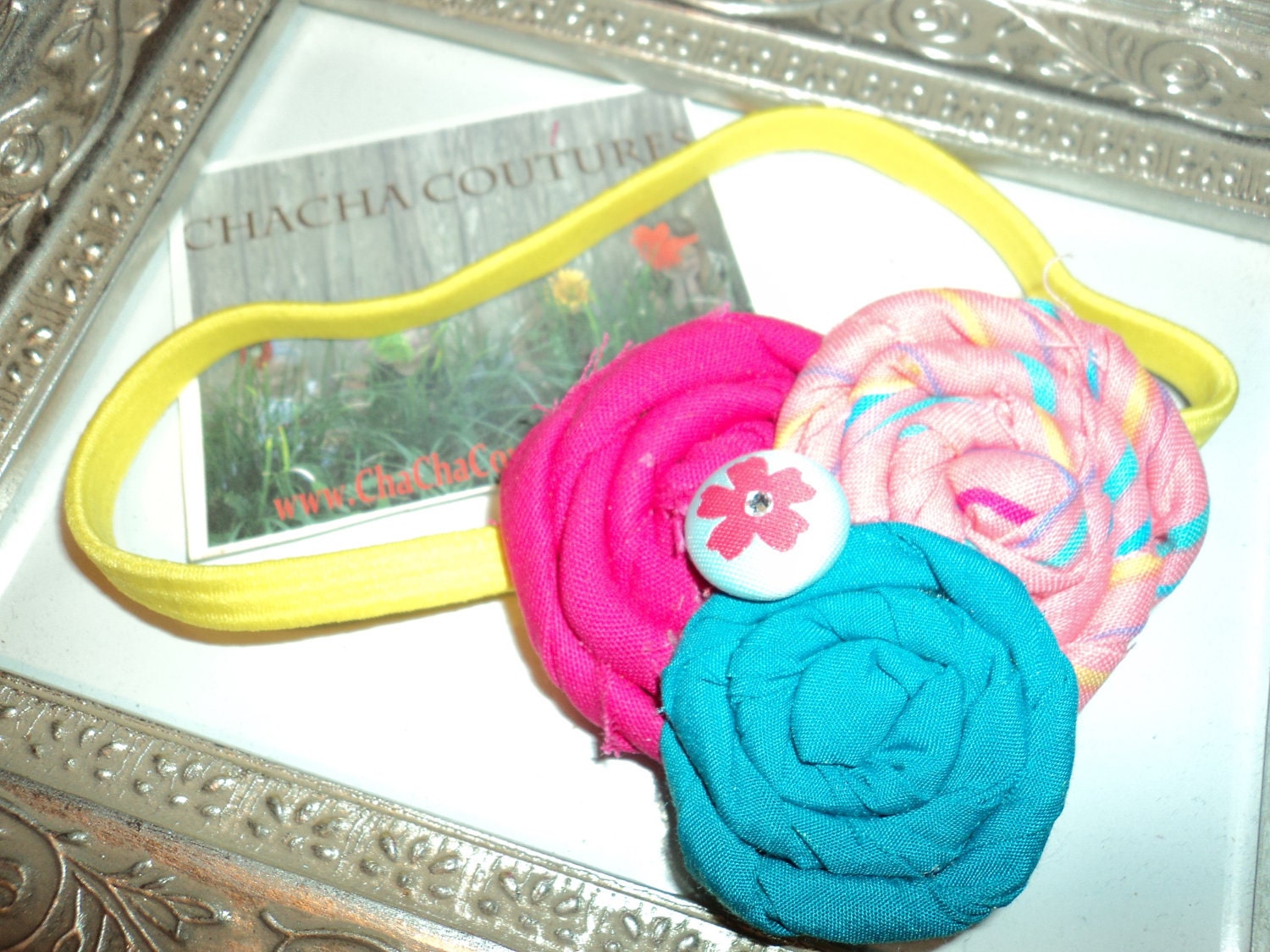 Gorgeous Posh Cotton Candy Explosion Pink Teal yellow rosette flower  Headband Baby & girls photograpy prop Bow Rosette