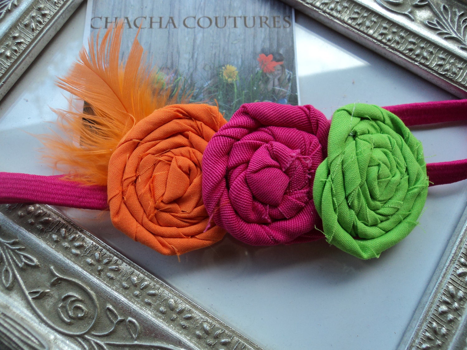 Gorgeous Posh  Neon Orange Pink Lime Feathers Flower rosette on a headband Baby prop