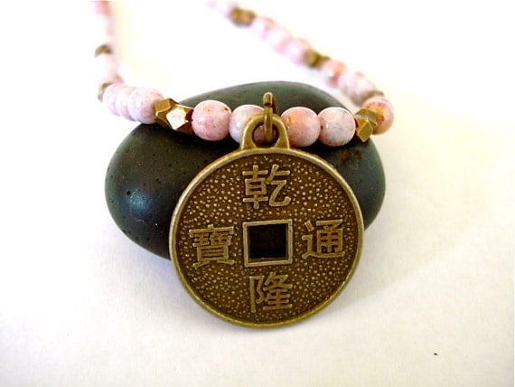 Chinese Coin Bracelet, Pink Czech Glass and Brass Charm Yoga Bracelet