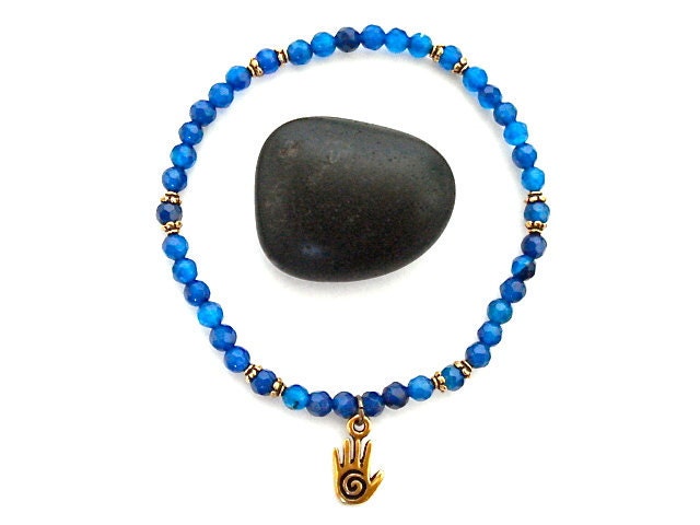 Spiral Hand Charm Bracelet, Cobalt Agate and Gold Yoga Bracelet, Blue Beaded Bracelet