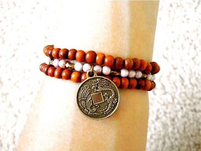 Chinese Coin Bracelet, Pink Czech Glass and Brass Charm Yoga Bracelet